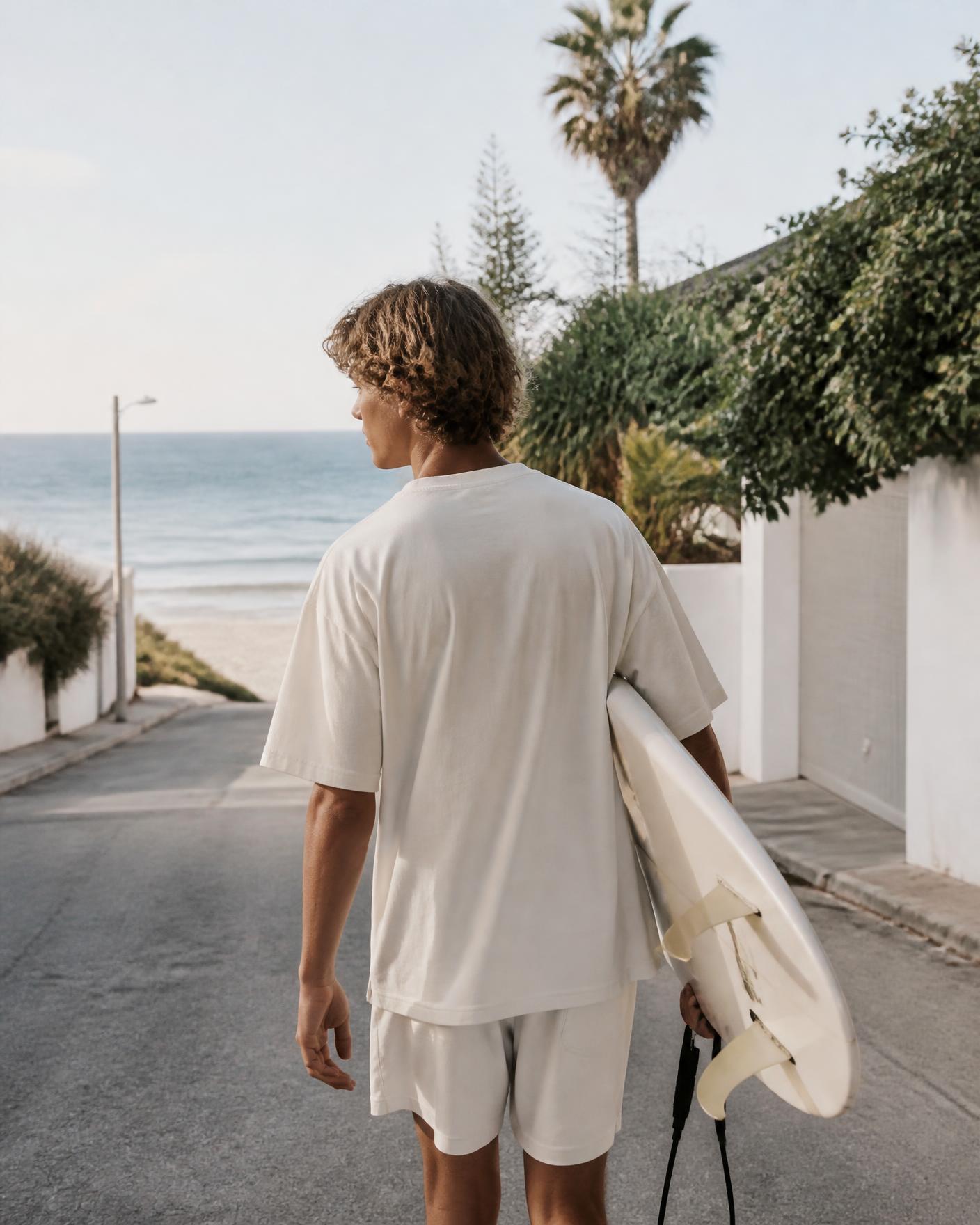 Persona con remera oversize cargando una tabla de surf hacia el mar