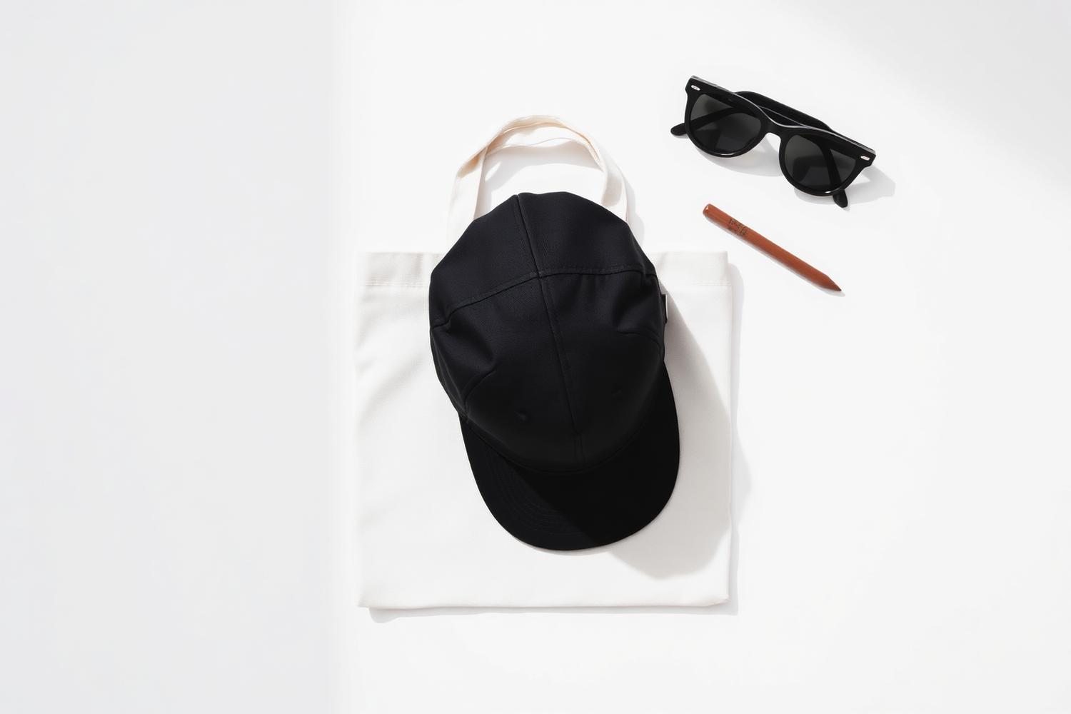 Gorra negra, tote de lona y anteojos de sol