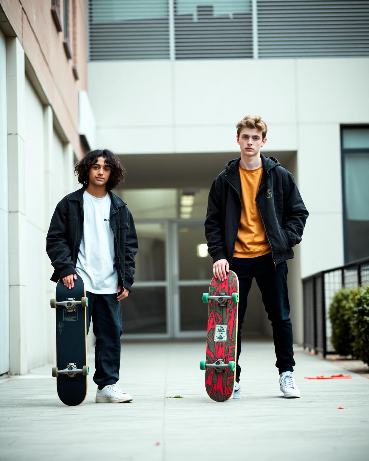 Dos jóvenes con skates en la vereda